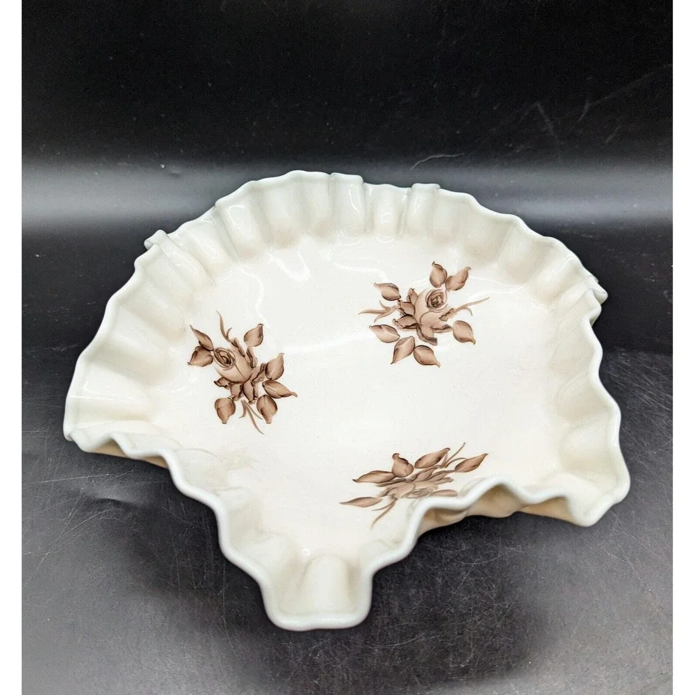 Vintage Fenton Beige & Brown flowers Hand-Painted Candy Dish Bowl Footed 8